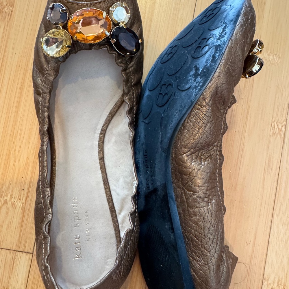Kate Spade Gold Embellished Peep-toed Women's Flats Sz 9